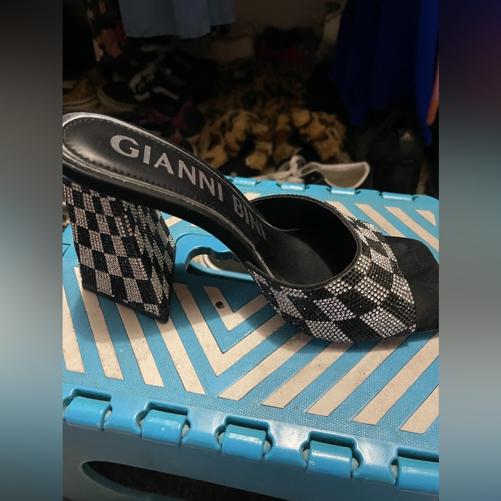 Gianni Bini Caylor Three Checkered Rhinestone Square Toe Chunky Heel 7.5